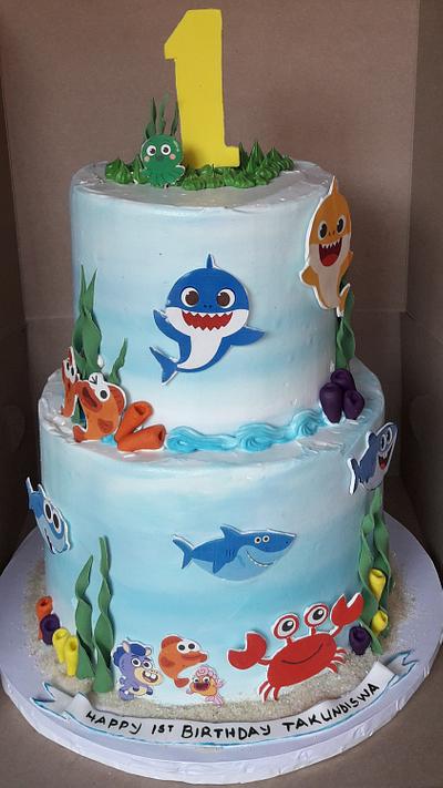 Baby Shark 2 tier birthday cake with imitation cream - Cake by edibleelegancecakeszim