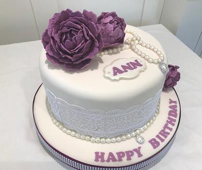 Purple Peonies, Pearls and Lace  - Cake by Margaret Lloyd