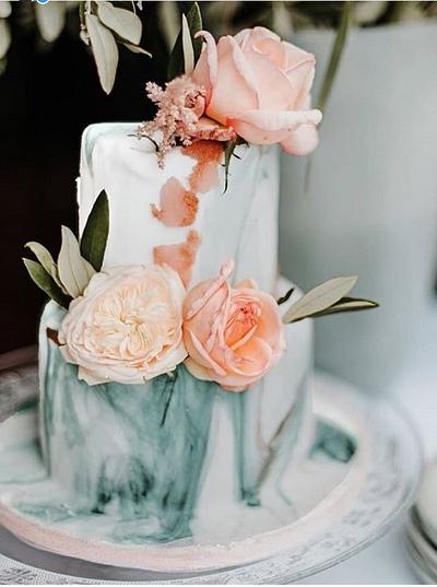 small weddingcake, blush and green marble - Cake by Judith-JEtaarten