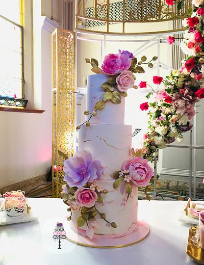 Wedding Cake with pink and purple flowers  - Cake by Color Drama Cakes