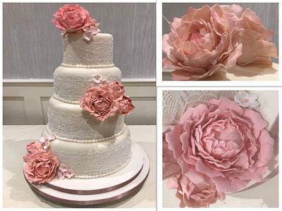 Pink Peonies, Pearls and Lace Wedding Cake - Cake by Margaret Lloyd