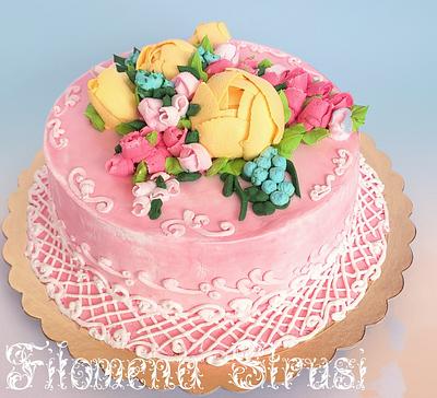 Birthday whippingcream flower cake - Cake by Filomena