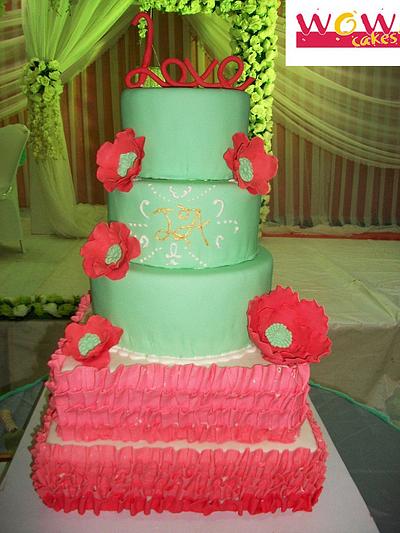 Mint Green and Coral Wedding Cake - Cake by WOWCAKESNG