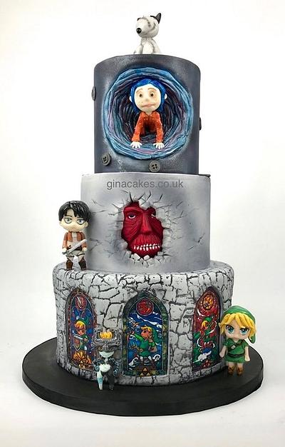 Coraline, Zelda-Link-Midna, Levi Ackerman, Frankenweenie-Sparkey cake - Cake by Gina Molyneux
