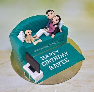 Family on sofa cake with pet - Cake by Sweet Mantra Homemade Customized Cakes Pune