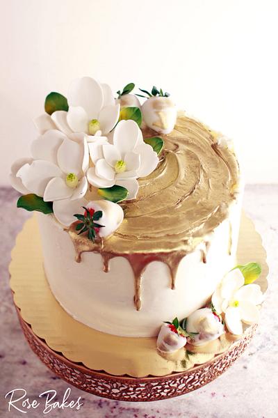 Gold Drip Cake with Gum Paste Magnolias - Cake by Rose Atwater
