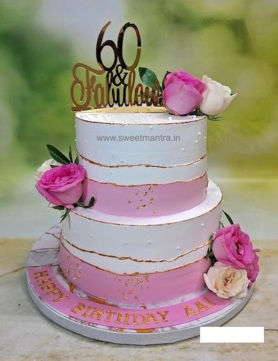 60th Birthday cream cake with flowers - Cake by Sweet Mantra Homemade Customized Cakes Pune