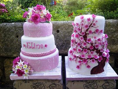 rose,hydrangea,stephanotis cake and hand painted cherry tree - Cake by Les Delices D'Evik