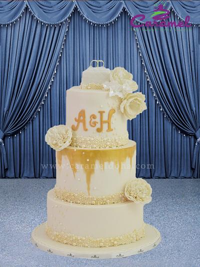 Gold and White Wedding Cake - Cake by Caramel Doha