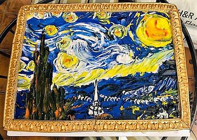A Half Sheet cake decorated to look like  Vincent van Gogh's Starry Night - Cake by tvbhouston