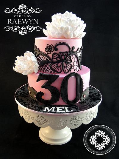 Black lace and Peony for Mel - Cake by Raewyn Read Cake Design