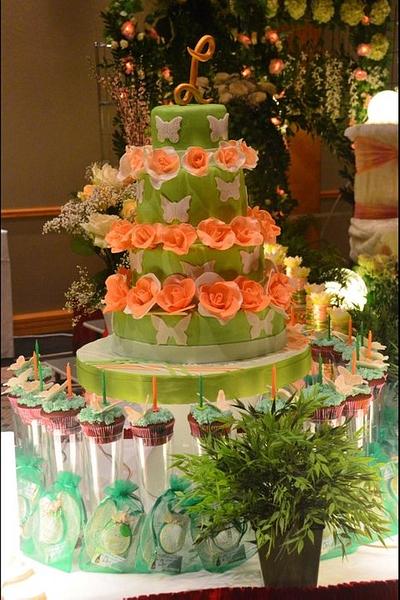 green cake with peach roses - Cake by MARGOT