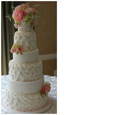 Hand Made Sugar Flower Topper with Buttercream Rosettes and Hobnail Dots - Cake by designercakebyangela