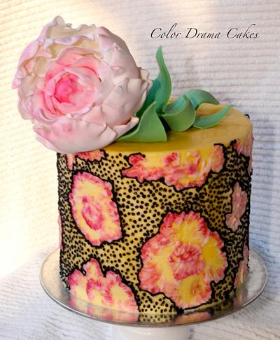 Royal icing design on the cake with a peony flower on top - Cake by Color Drama Cakes