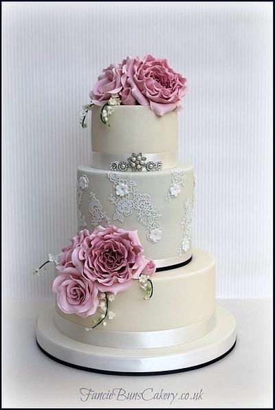 Peony Roses & Lace Wedding Cake - Cake by Fancie Buns