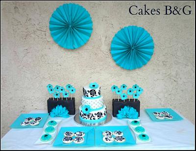 Turquoise, Black & White Dessert Table - Cake by Laura Barajas 