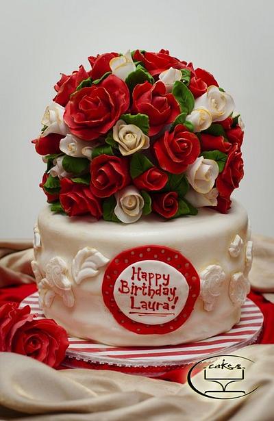Elegant red and white birthday cake - Cake by Komel Crowley