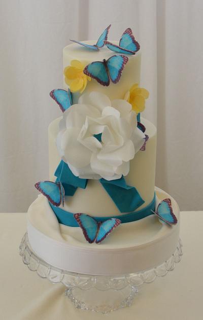  Turquoise with Wafer Paper Flowers and Butterflies - Cake by Sugarpixy