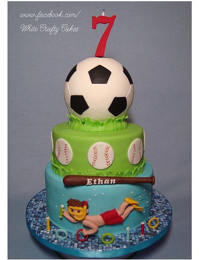 Soccer, Baseball, and Swimming Cake - Cake by Toni (White Crafty Cakes)