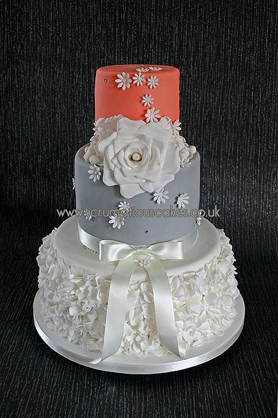 Coral & Grey Ruffle Wedding Cake - Cake by Scrumptious Cakes