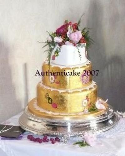Hand painted gold leaf design roses and rosehips - Cake by Ange Cliffe