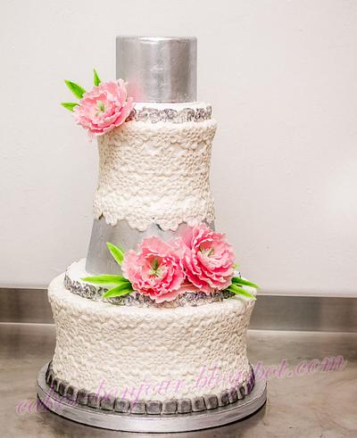 Embroidery, silver & pink peonies Wedding cake! - Cake by Dan