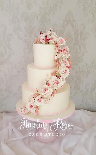 Pink rose and butterfly cascade wedding cake - Cake by Amelia Rose Cake Studio