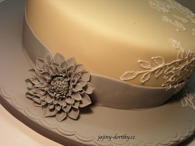 Ivory and Grey Wedding Cake with Royal Icing Lace and Sugar Flower - Cake by Jana 