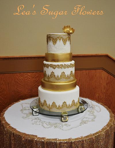 Lace and Gold Wedding Cake - Cake by Lea's Sugar Flowers