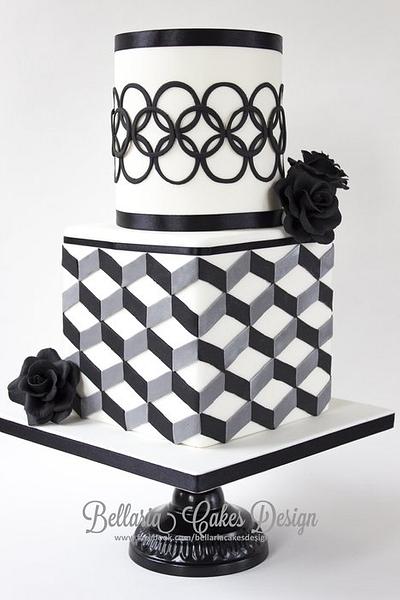 Modern black and white bridalshower cake with geometric patterns. - Cake by Bellaria Cake Design 