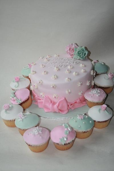 Pastel Pink & Green Birthday Cake & Matching Cupcakes  - Cake by Jodie Taylor