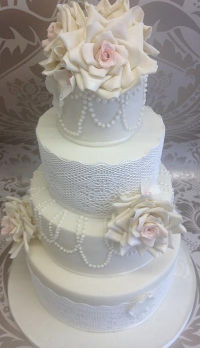 Vintage Inspired lace and pearl wedding cake - Cake by Julie Hudson
