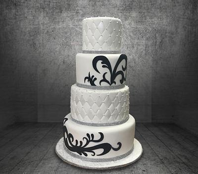 White Tiers with Black Stencil - Cake by MsTreatz