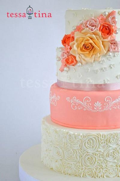 Coral, Ruffles and Roses - Cake by tessatinacakes