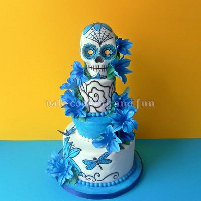 Tattoo Cake with Sugar Skull and blue lilies - Cake by Valentina's Sugarland