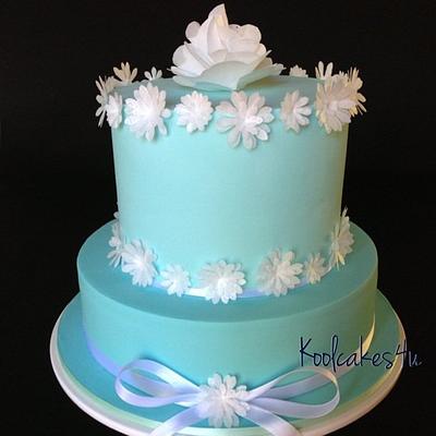 2 tier turquoise and white flower cake - Cake by Jen C