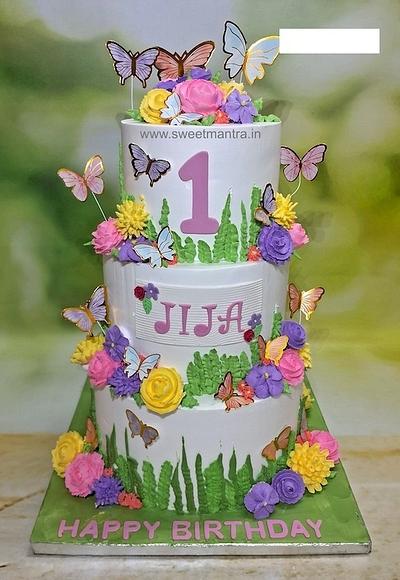 3 tier Enchanted Garden cake for 1st birthday - Cake by Sweet Mantra Homemade Customized Cakes Pune