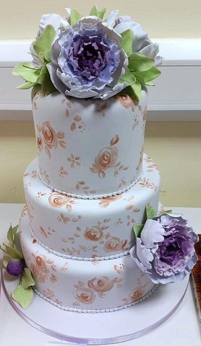 Lilac and rose gold wedding cake with peonies - Cake by Môn Cottage Cupcakes