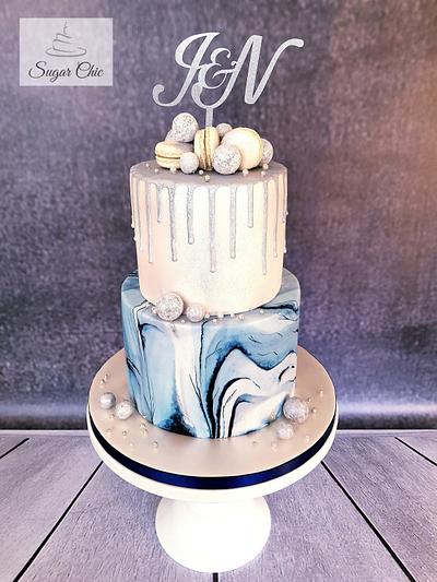 x Navy Marble & Silver Drip Engagement Cake x - Cake by Sugar Chic