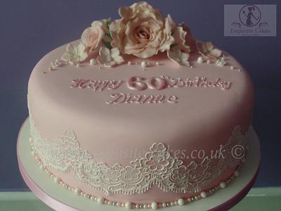 Pink rose and lace cake for a 60th birthday. - Cake by Natalie Wells