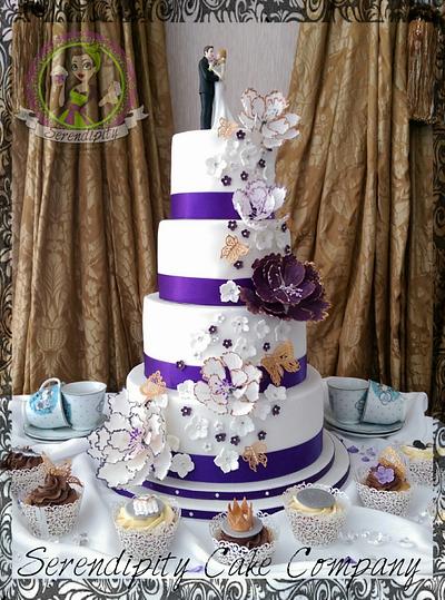 purple and gold peony wedding cake  - Cake by Serendipity Cake Company 