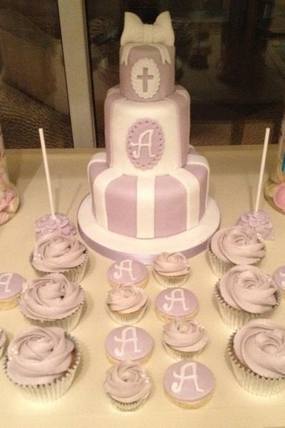 Striped Christening cake and mini dessert table  - Cake by Lauren