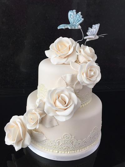 Butterflies and roses wedding cake  - Cake by Sarah Leftley (Sarah's cakes)