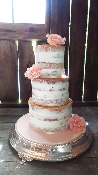 Rustic semi-naked w peach sugar blooms - Cake by Sweet Bea's