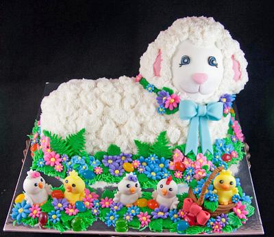 Easter lamb with Baby chicks looking for the jelly beans they spilled over.  - Cake by Oh My Cake Designs