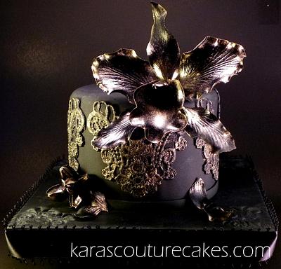 Black Cattlyea Orchid and Gilded Black Lace - Cake by Kara Andretta - Kara's Couture Cakes