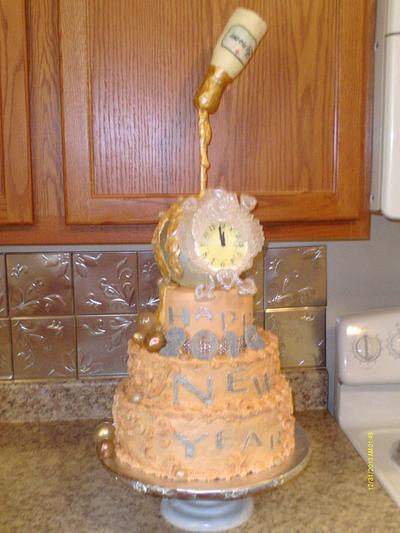 champagne flows over clock- New Year's - Cake by CakesByGeri