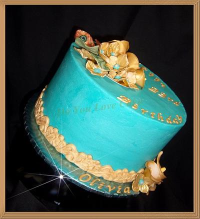 Teal/Gold Buttercream B-day Cake w/sugar calla lilies, hydrangeas & peacock feathers. - Cake by Terry