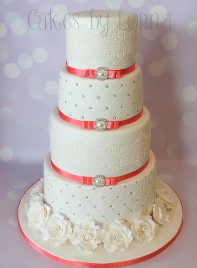 Four tier white and coral wedding cake - Cake by Cakes by Lorna