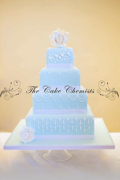 White Peony and Duck Egg Blue Square Wedding Cake - Cake by The Cake Chemists